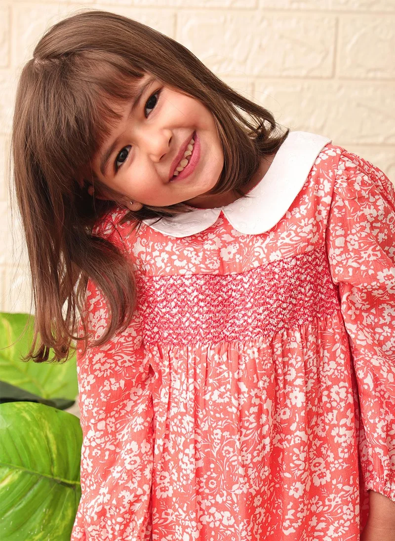 Nautinati  Girls' 100% Cotton All-over Floral Print Smocked Dress with Peter Pan Collar for Women | Best Price UAE